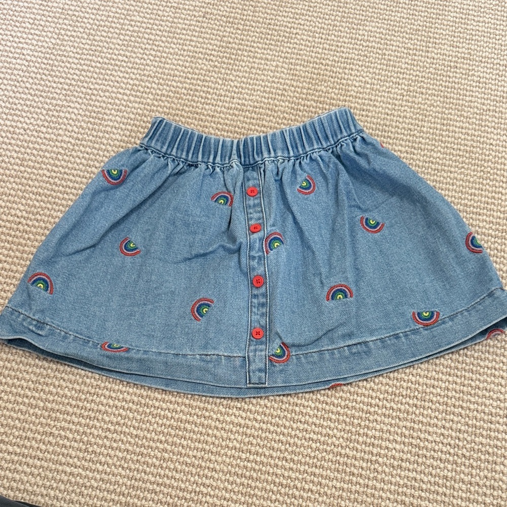 Mini Boden Blue Denim Skirt with Rainbow Embroidery Size 5-6